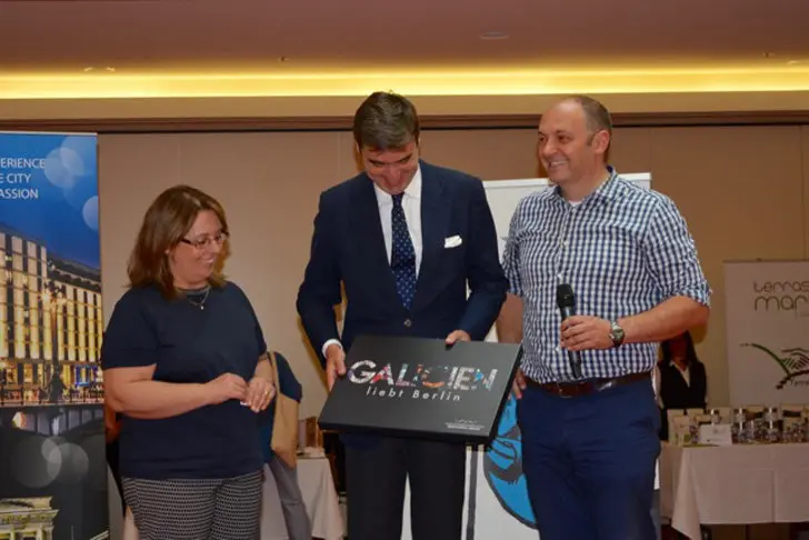 Carmen Calvo, Pablo Garc&iacute;a Berdoy y Dositeo Cela, en el Galician Gourmet Extravaganza de Berl&iacute;n.
