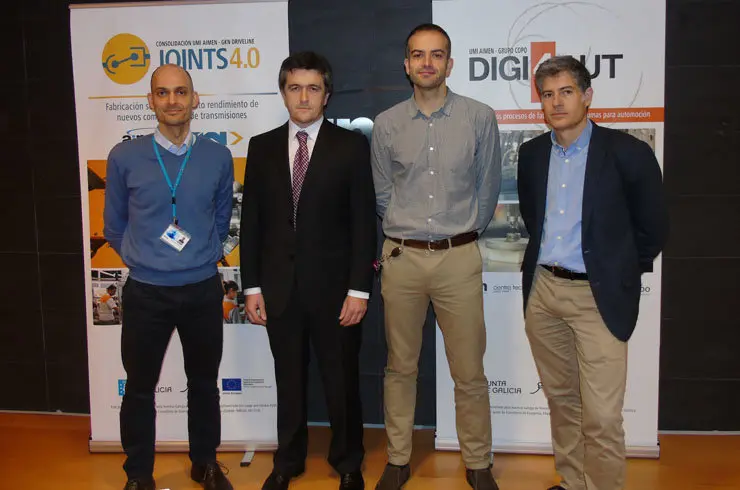 Jacobo Otero, coordinador de la UMI JOINTS 4.0 en AIMEN; Manuel &Aacute;ngel Gonz&aacute;lez, Manufacturing Engineering Team Leader de GKN Driveline Vigo; Manuel &Aacute;lvarez, coordinador de la UMI DIGI4AUT en AIMEN; y Sergio Rodr&iacute;guez, director Industria AUTO de Grupo COPO.