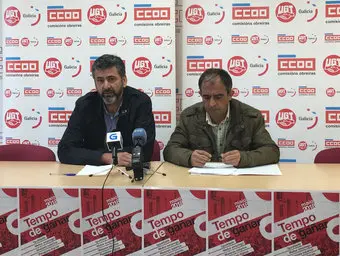 Ram&oacute;n Sarmiento, secretario xeral de CCOO en Galicia, e Jos&eacute; A. G&oacute;mez, secretario xeral de UGT-Galicia, na presentaci&oacute;n das manifestaci&oacute;ns do Primeiro de Maio.