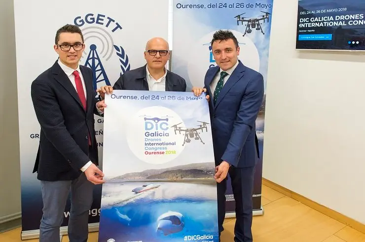 David Saavedra, Manuel Baltar y Jos&eacute; Manuel Mart&iacute;nez presentaron el II Congreso Internacional de Drones./A.PAZ.