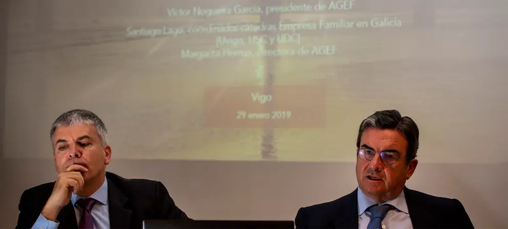 Santiago Lago y V&iacute;ctor Nogueira presentaron en Vigo el estudio &ldquo;La doble inversi&oacute;n social de las empresas familiares gallegas&rdquo;./PUNTO GA COMUNICACI&Oacute;N.