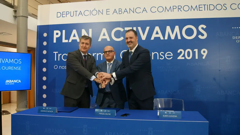 Santiago Novoa, Manuel Baltar e Rub&eacute;n Saavedra, trala sinatura do convenio do Plan Activamos Ourense./P.L.