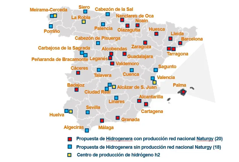 Mapa de la red de hidrogeneras propuesta por Naturgy.