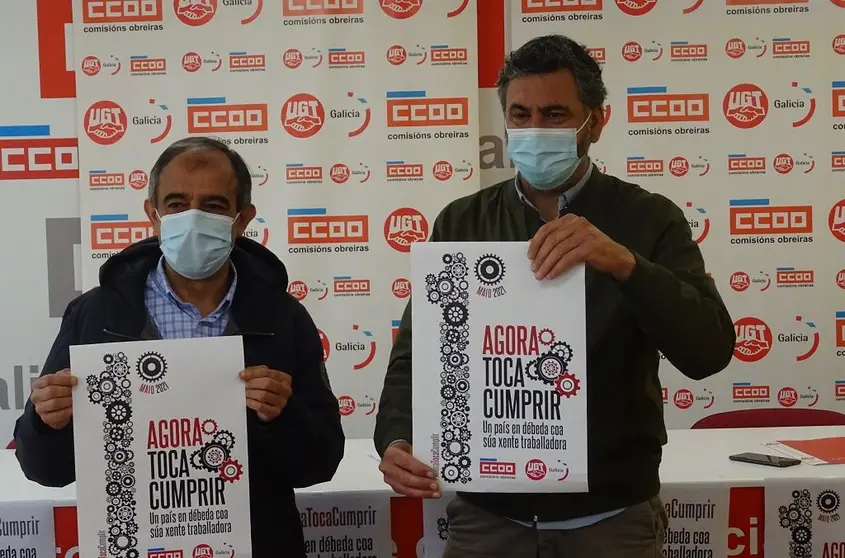 Jos&eacute; Antonio G&oacute;mez e Ram&oacute;n Sarmiento presentaron o lema da mobilizaci&oacute;n conxunta de UGT e CCOO no Primeiro de maio.