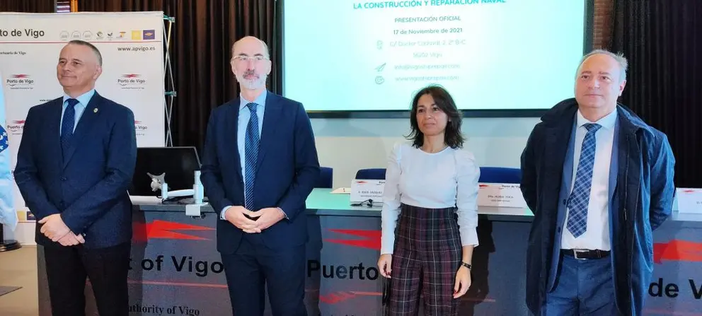 Cebreiros, V&aacute;zquez Almu&iacute;&ntilde;a, Toca y G&oacute;mez en la presentaci&oacute;n p&uacute;blica de Vigo Ship Repair.
