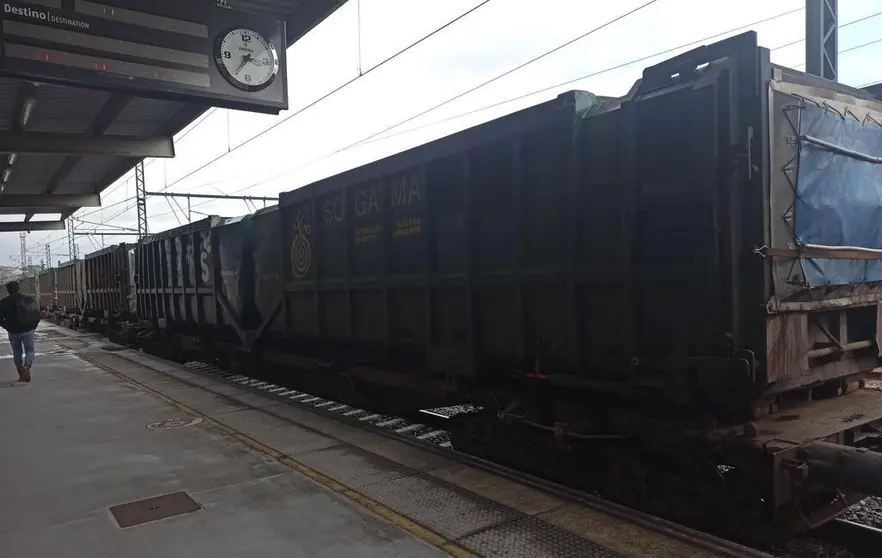 Un tren de mercanc&iacute;as a su paso por la estaci&oacute;n de Santiago.