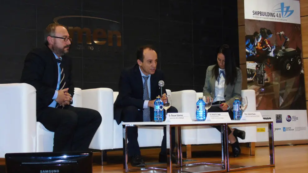 &Oacute;scar G&oacute;mez, director gerente de ACLUNAGA; Jes&uacute;s Lago, director gerente de AIMEN Centro Tecnol&oacute;gico; Sonia Pazos, directora del &Aacute;rea de Centros Gain, en la presentaci&oacute;n de resultados de Shipbuilding 4.0.
