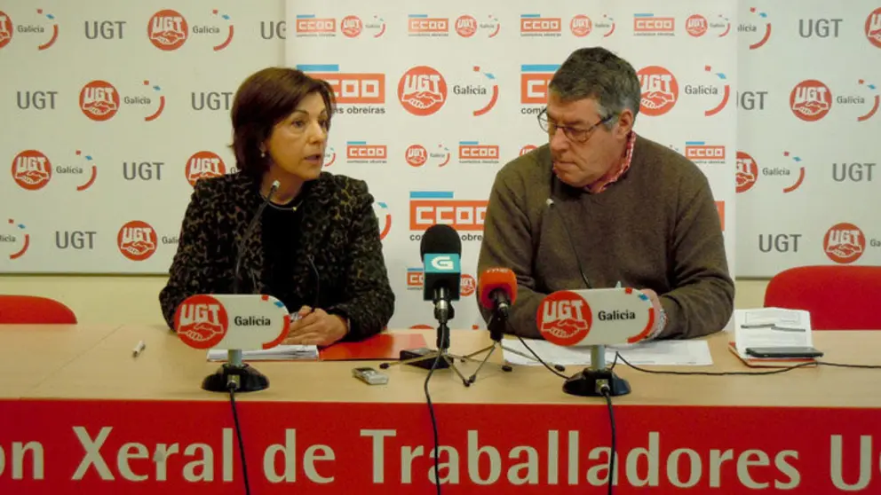 Irene Mart&iacute;nez y Ramiro Otero, en la rueda de prensa conjunta de UGT y Comisiones.