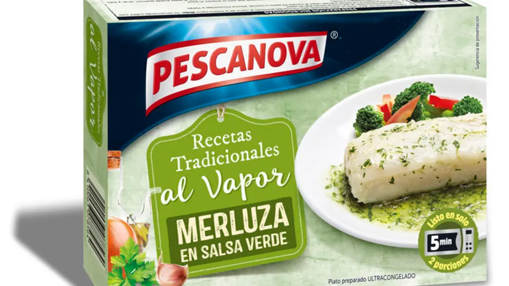 Envase de una de las variedades de la nueva gama de recetas tradicionales de merluza al vapor de Pescanova.
