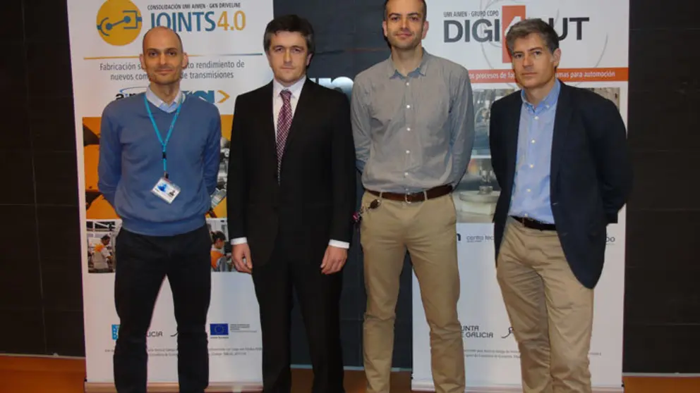 Jacobo Otero, coordinador de la UMI JOINTS 4.0 en AIMEN; Manuel &Aacute;ngel Gonz&aacute;lez, Manufacturing Engineering Team Leader de GKN Driveline Vigo; Manuel &Aacute;lvarez, coordinador de la UMI DIGI4AUT en AIMEN; y Sergio Rodr&iacute;guez, director Industria AUTO de Grupo COPO.