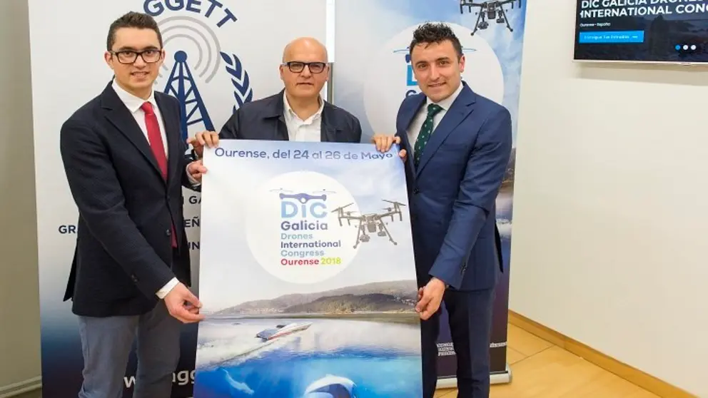 David Saavedra, Manuel Baltar y Jos&eacute; Manuel Mart&iacute;nez presentaron el II Congreso Internacional de Drones./A.PAZ.