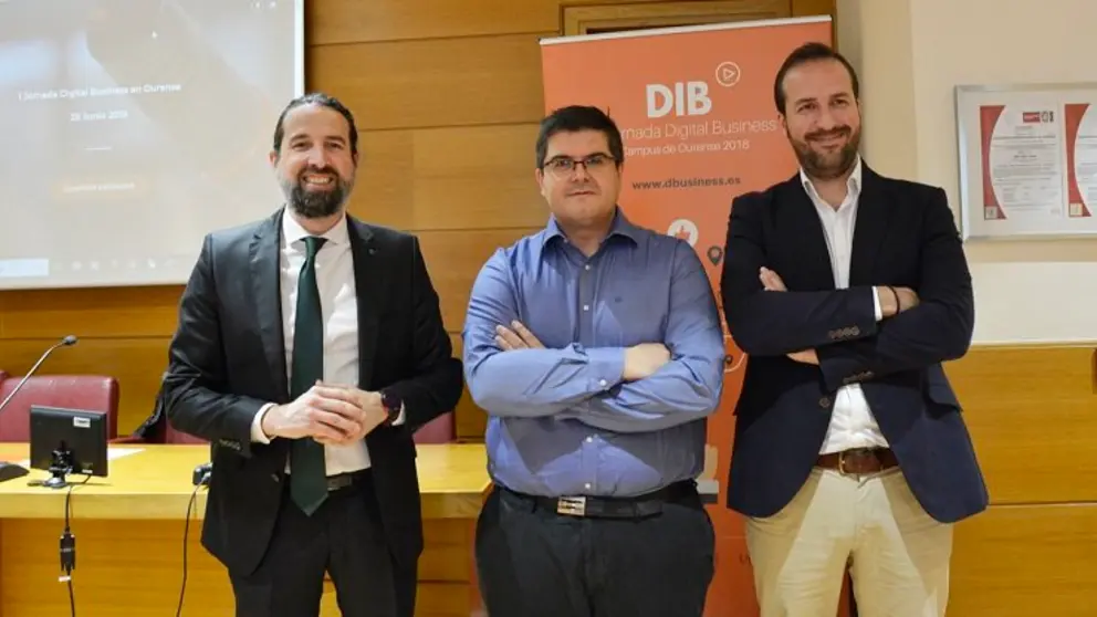 Virxilio Rodr&iacute;guez, Francisco Javier Rodr&iacute;guez y C&eacute;sar Gonz&aacute;lez presentaron la jornada Digital Business-Campus de Ourense en la sede de la CEO./DUVI.