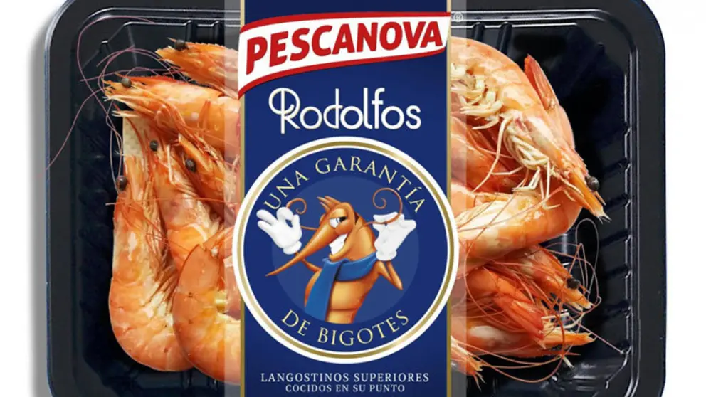 Caja de langostinos de Nueva Pescanova con el sello "Rodolfos".