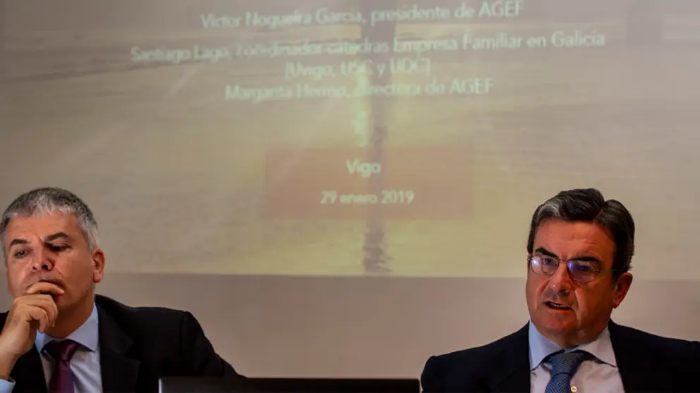 Santiago Lago y V&iacute;ctor Nogueira presentaron en Vigo el estudio &ldquo;La doble inversi&oacute;n social de las empresas familiares gallegas&rdquo;./PUNTO GA COMUNICACI&Oacute;N.