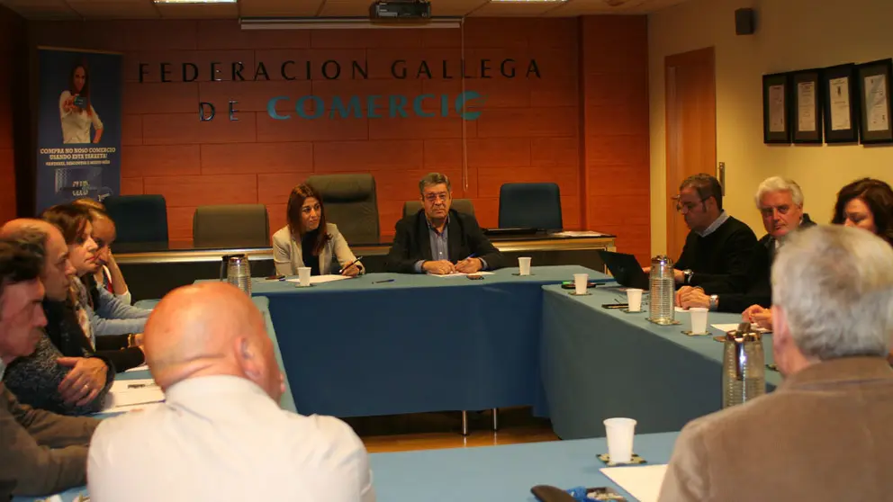 A directora xeral de Comercio, Sol V&aacute;zquez (centro) na reuni&oacute;n coa directiva da Federaci&oacute;n  Galega de Comercio.
