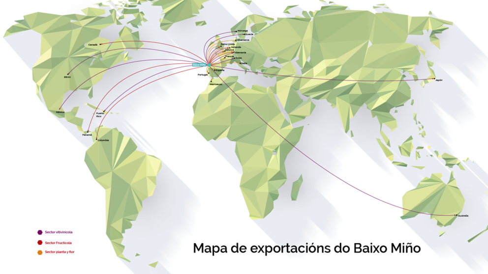 Mapa de las exportaciones de los productos agr&iacute;colas que se cultivan en el Baixo Mi&ntilde;o.