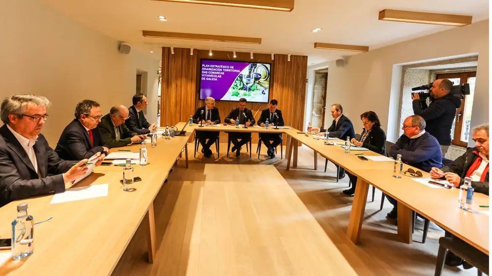Los conselleiros de Econom&iacute;a, Medio Rural, y Cultura e Turismo se reunieron con representantes de las cinco denominaciones de origen y las Rutas del Vino./L.POLO.