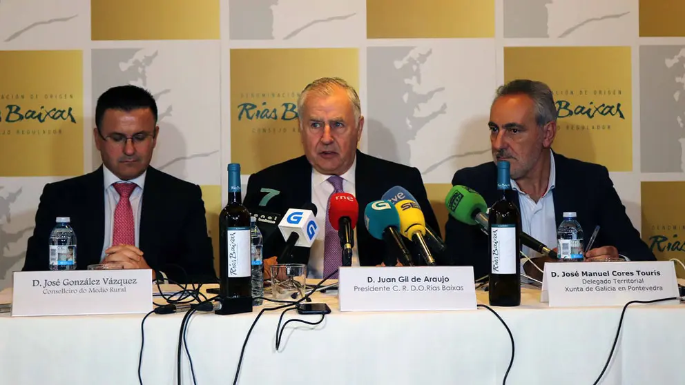 El conselleiro de Medio Rural, Jos&eacute; Gonz&aacute;lez, el presidente del Consejo Regulador de la D.O. R&iacute;as Baixas, Juan, y el delegado de la Xunta en Pontevedra, Cores Tour&iacute;s.