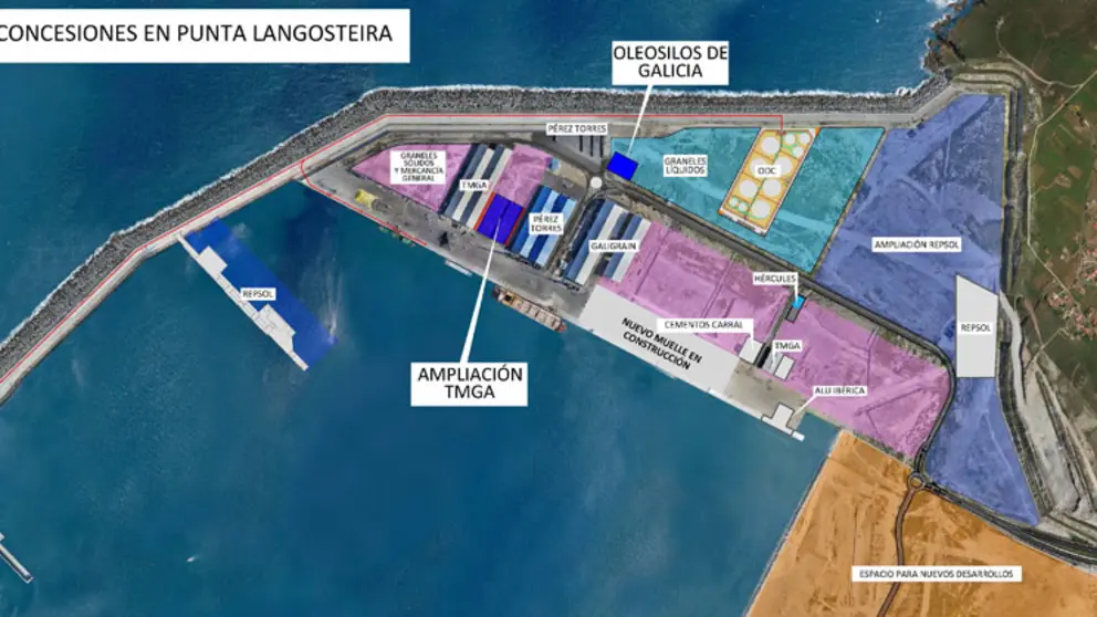 Plano de Punta Langosteira con las nuevas instalaciones de TGM y Oleosilos.