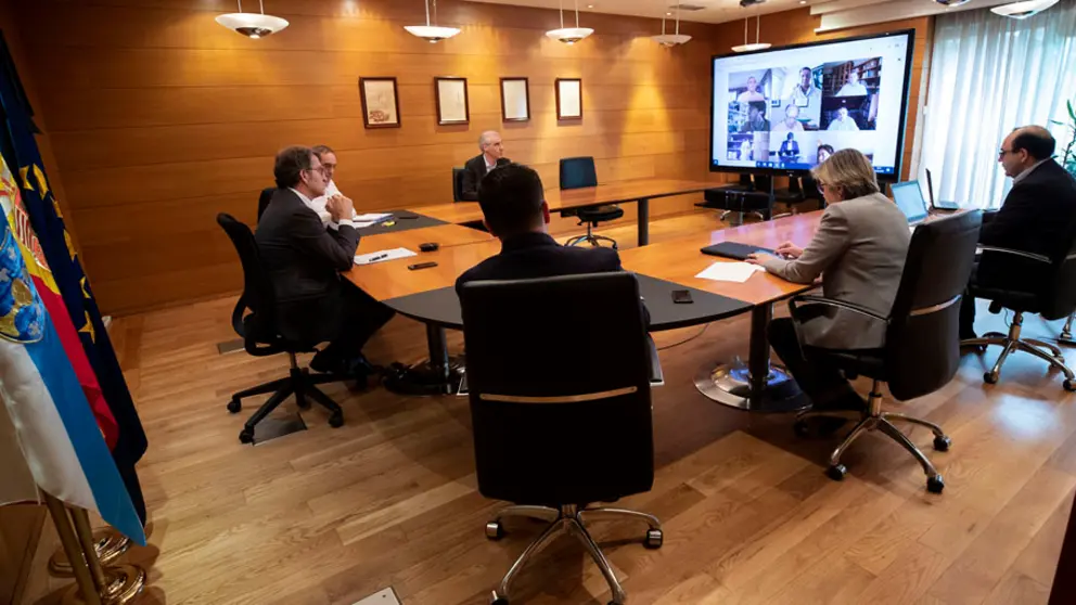 Videoconferencia del presidente de la Xunta y varios conselleiros con expertos econ&oacute;micos./A.VARELA.