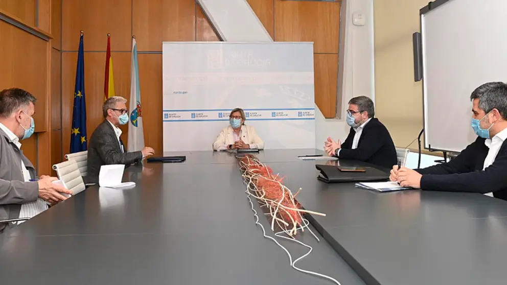 La conselleira Rosa Quintana en la reuni&oacute;n con representantes del sector pesquero coru&ntilde;&eacute;s./M.FUENTES.