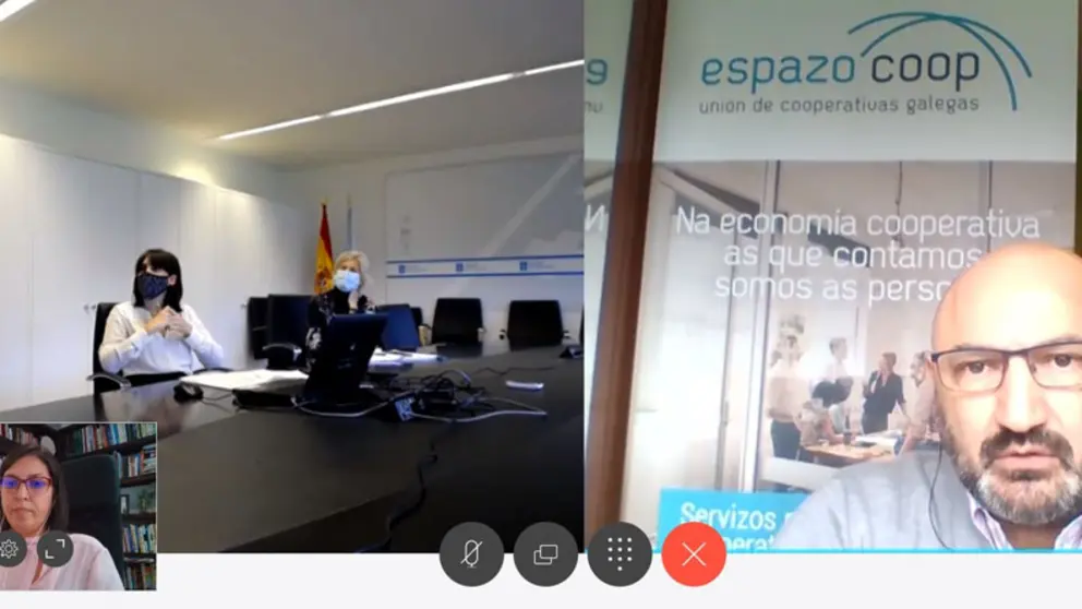 Ana Olveira (esq.) e Tino Gago (der.), presidenta e xerente de EspazoCoop, na reuni&oacute;n onliene coa conselleira Lorenzana e a secretaria xeral de Emprego.