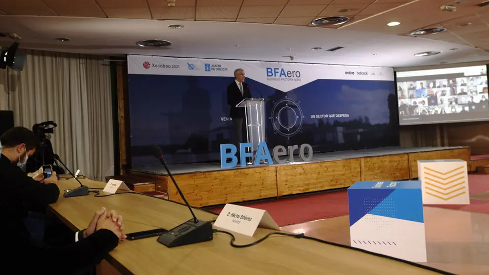 El vicepresidente econ&oacute;mico de la Xunta, Francisco Conde, en la presentaci&oacute;n de los proyectos seleccionados para la 3&ordf; BFAero./PALL&Oacute;N.