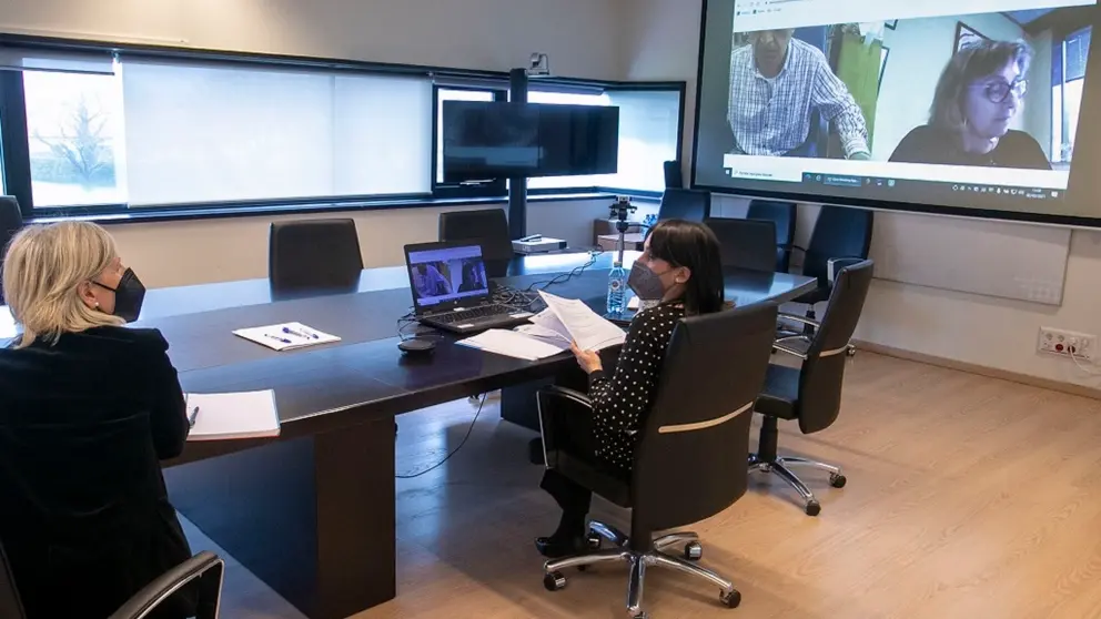 A conselleira de Emprego e Igualdade, Mar&iacute;a Jes&uacute;s Lorenzana, re&uacute;nese por videoconferencia cos representantes da mesa do Di&aacute;logo Social. 