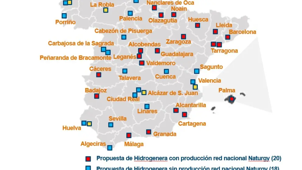 Mapa de la red de hidrogeneras propuesta por Naturgy.