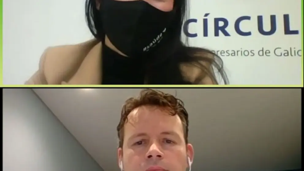 Patricia Garc&iacute;a, presidenta del C&iacute;rculo de Empresarios, y Alberto D&iacute;az Freire, responsable de IoT y Transformaci&oacute;n Digital de R, en un momento del webinar.