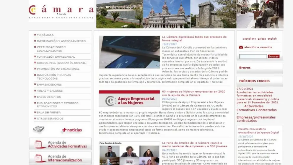 Actual web de la C&aacute;mara de A Coru&ntilde;a.