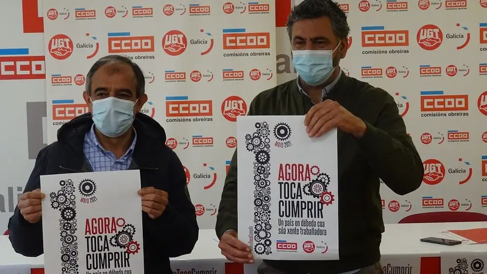 Jos&eacute; Antonio G&oacute;mez e Ram&oacute;n Sarmiento presentaron o lema da mobilizaci&oacute;n conxunta de UGT e CCOO no Primeiro de maio.
