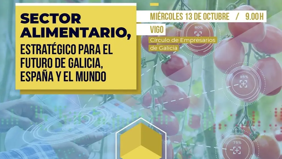 Cartel de la jornada "Sector alimentario, estrat&eacute;gico para el futuro de Galicia, Espa&ntilde;a y el mundo".
