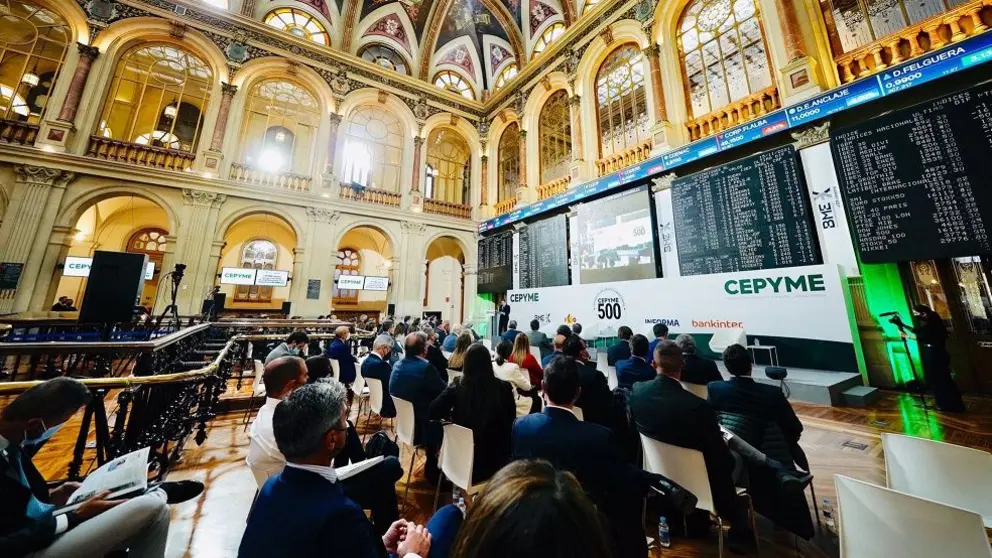 Acto de presentaci&oacute;n de "CEPYME500 2021" en la Bolsa de Madrid./TWITTER CEPYME.