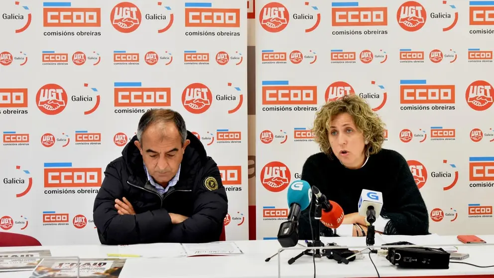Jos&eacute; Antonio G&oacute;mez (UGT) e Amelia P&eacute;rez (CCOO) presentaron os actos do Primeiro de Maio.