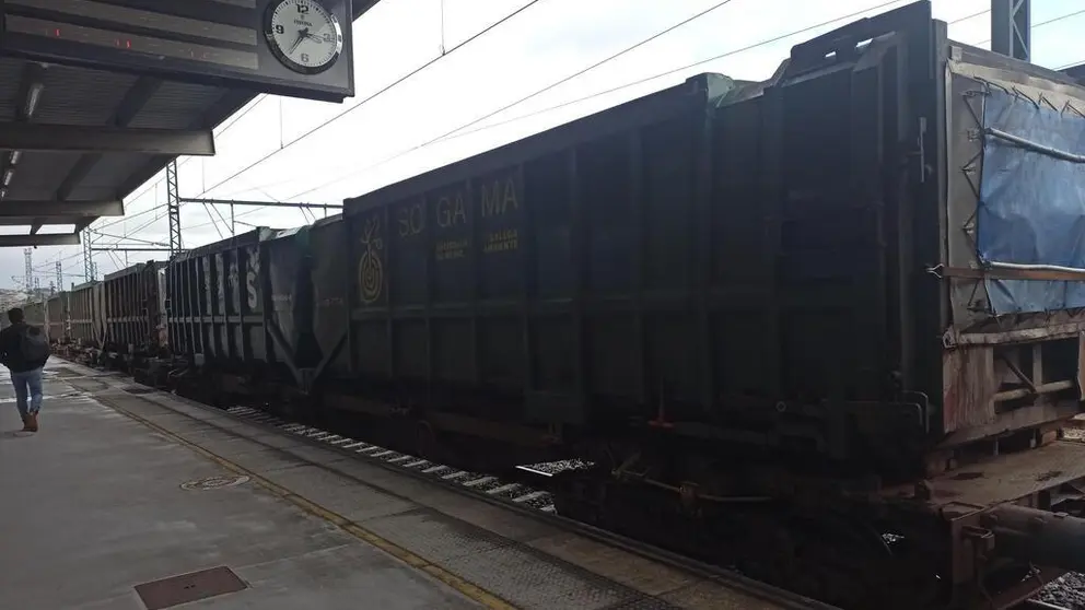 Un tren de mercanc&iacute;as a su paso por la estaci&oacute;n de Santiago.